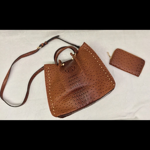 No name Handbags - Women’s NWOT brown faux ostrich skin purse/ bag with matching wallet…15”…